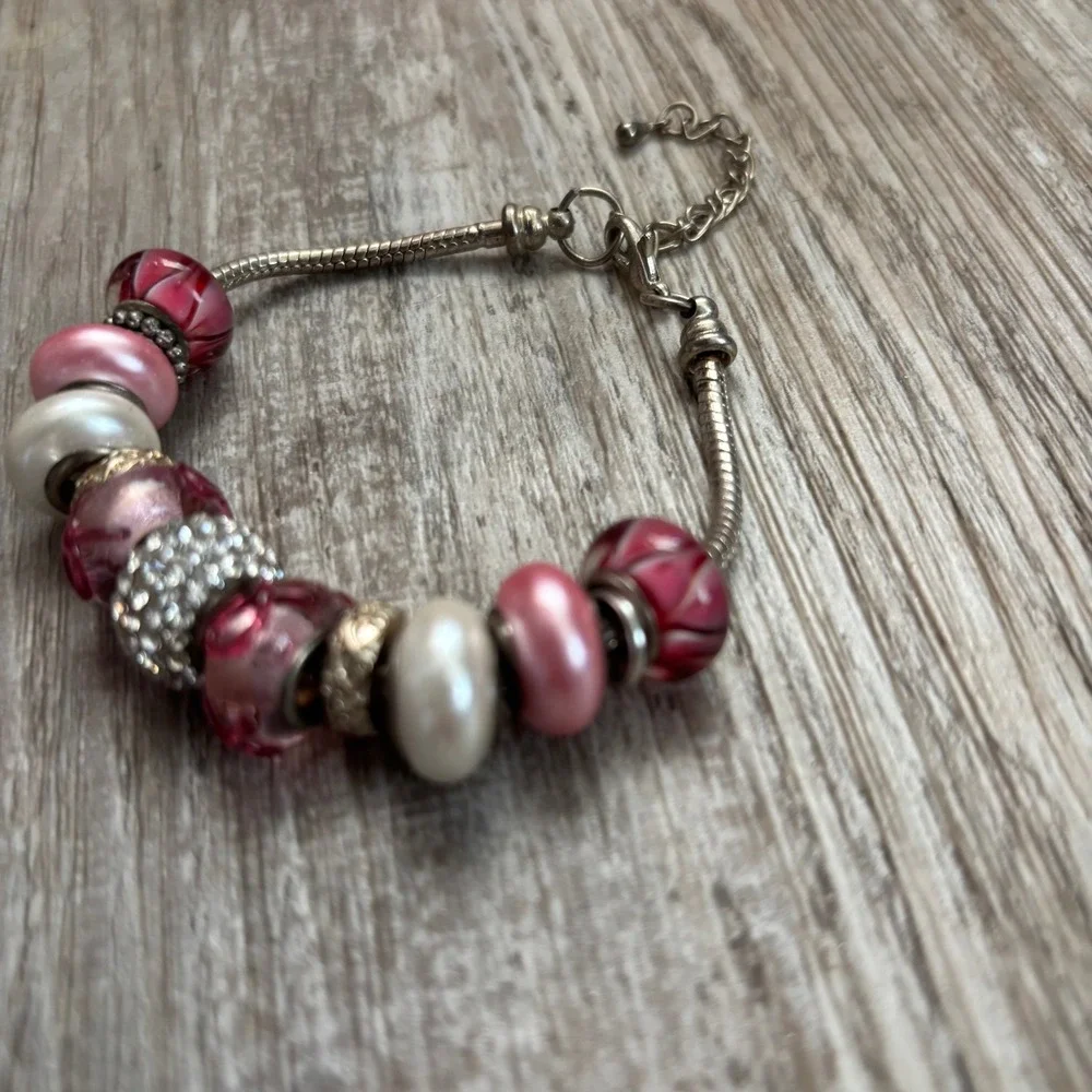 European Style Pink Charm Bracelet‎ Silver Tone Glass Pearl Rhinestone Beads